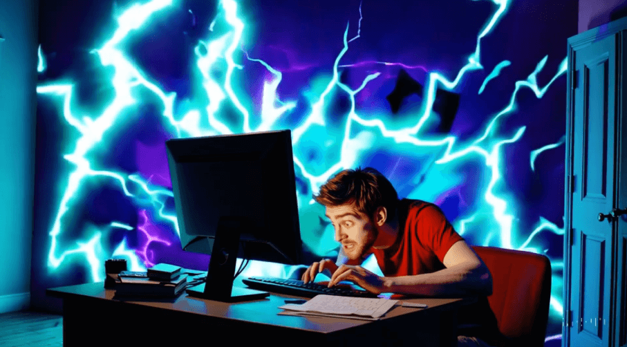 Man posting on his computer with lightning in the background